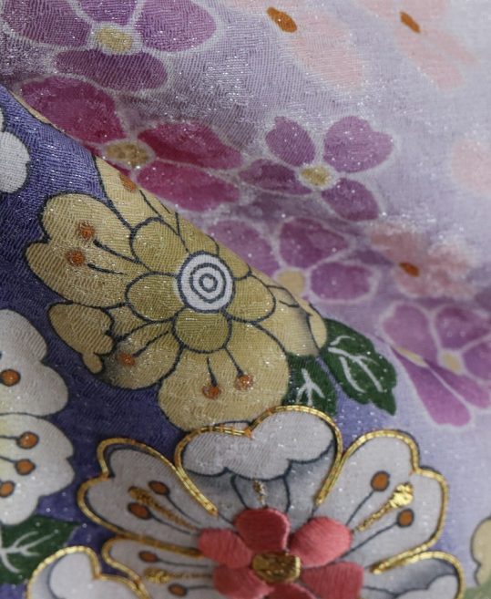 成人式振袖[絞り染め]白に裾紫・藤色と薄黄の細かい花柄[身長161cmまで]No.600